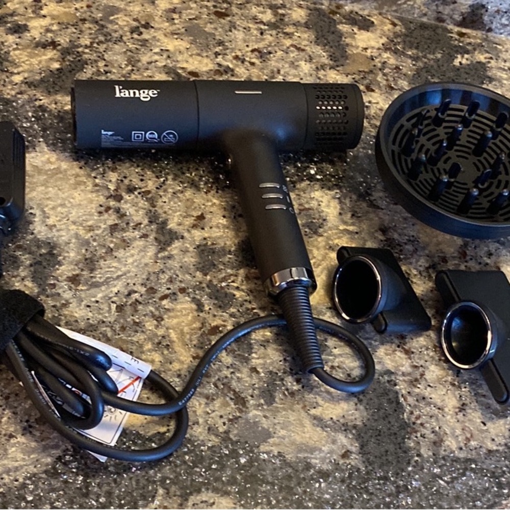 Lange Black Hair Dryer with Diffuser and Nozzle Attachments